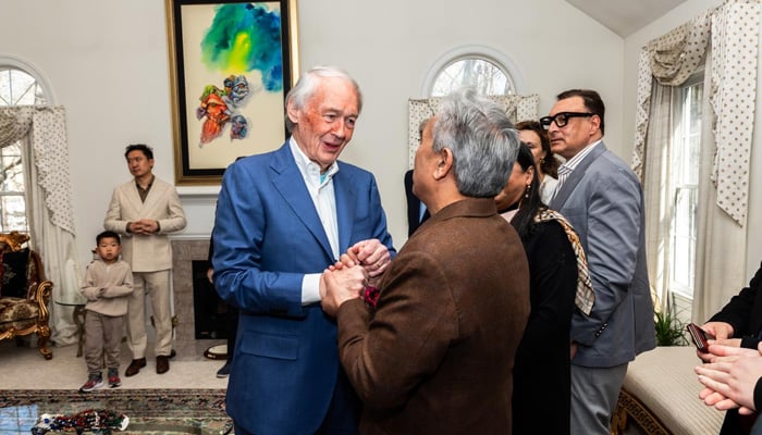US Senator Edward J Markey (left) meets Shahid Khan, a member of the Board of Directors of the World Affairs Council of Boston (WorldBoston), at his residence, on April 8, 2026.
