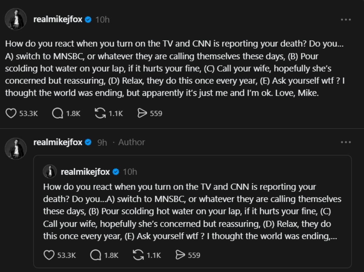 Michael J. Fox reacts after viral death hox