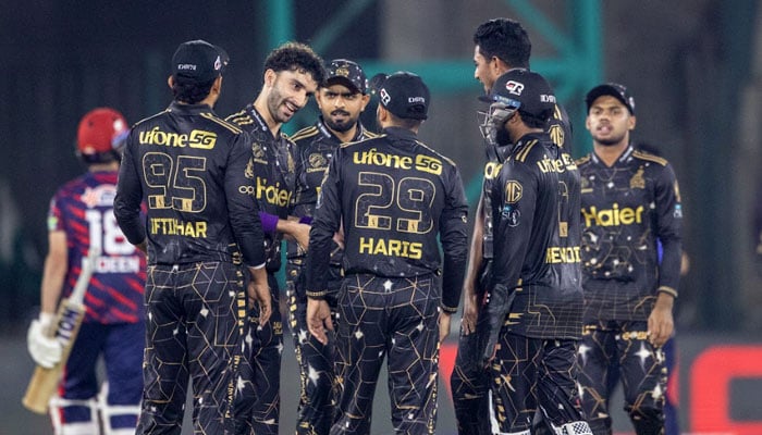 Peshawar Zalmi players celebrate a wicket during their PSL 11 match against Karachi Kings at the National Bank Stadium in Karachi on April 9, 2026. — PSL