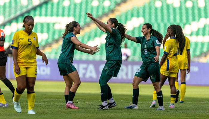 Pakistan womens football players celebrate scoring a goal during a match against Turks and Caicos Islands, Alassane Ouattara Stadium in Abidjan, Ivory Coast, FIFA Series, April 9, 2026. — Reporter