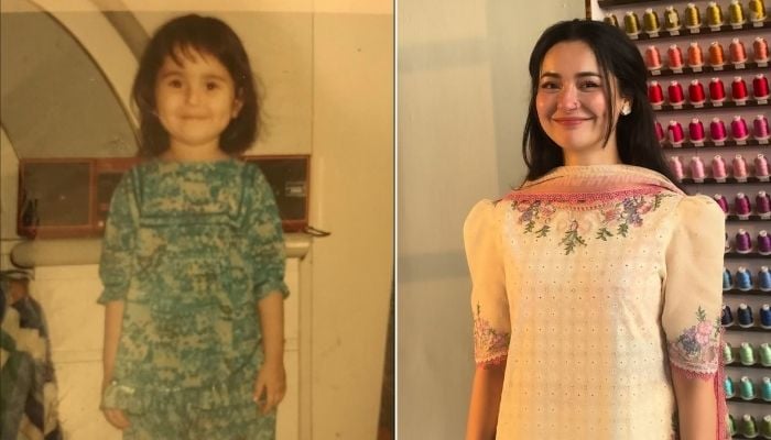 A collage of Hania Aamirs childhood and recent pictures. — Instagram @haniaheheofficial