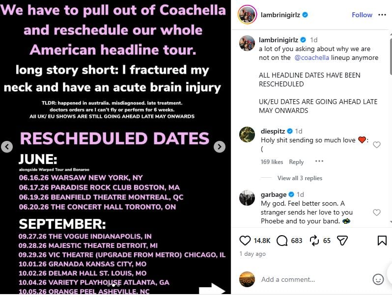 Coachella 2026: Lambrini Girls drop out, singer Phoebe Lunny suffers injury