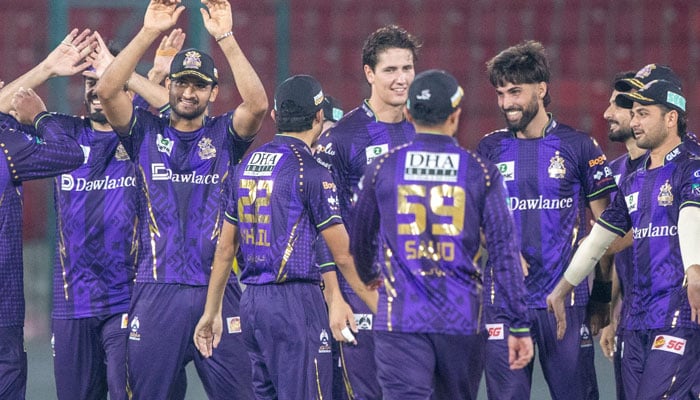 Quetta Gladiators players celebrate after taking a wicket during their PSL 11 match against Rawalpindiz at the National Bank Stadium in Karachi on April 10, 2026. — PSL