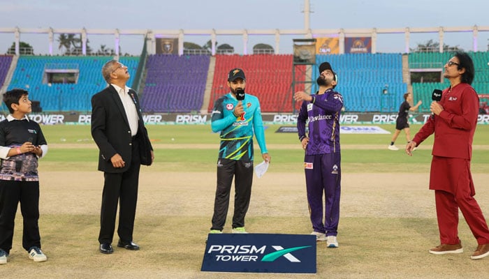 Quetta Gladiators captain Saud Shakeel (second from right) and Rawalpindizs Mohammad Rizwan (second from left) at the toss for their PSL 11 match at the National Bank Stadium on April 9, 2026. — X/@thePSLt20