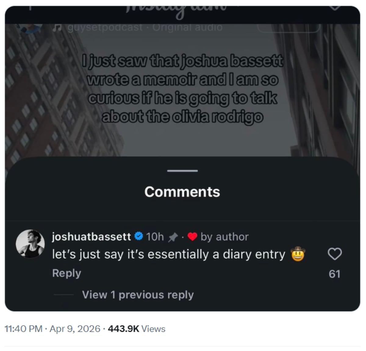 Olivia Rodrigo ex Joshua Bassett hints at his side of story in new memoir