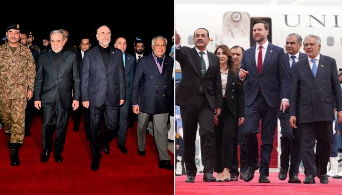 This collage shows Iranian delegation (left), led by Parliament Speaker Mohammad Baqer Ghalibaf, and US delegation, led by Vice President JD Vance, arriving in Pakistan for peace talks, Islamabad, Saturday, April 11, 2026. — Reuters