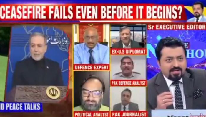 Screengrab of an Indian TV channel discrediting the ceasefire efforts being held in Islamabad between the US and Iran, April 11, 2026. — X/@RanaAyyub