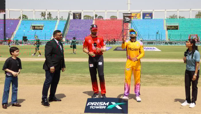 Lahore Qalandars captain Shaheen Afridi (left) and Peshawar Zalmis Babar Azam at the toss time ahead of their Pakistan Super League (PSL) 11 match at the National Bank stadium in Karachi on April 11, 2026. — PCB