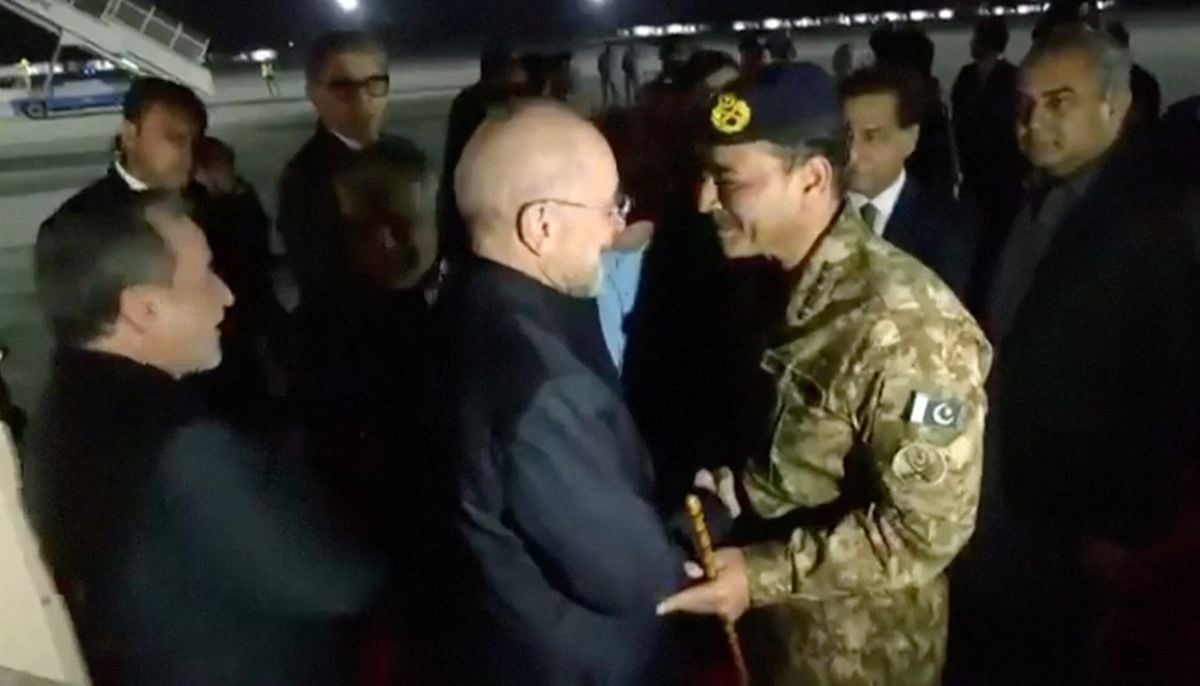 The Iranian delegation led by parliament speaker Mohammad Baqer Qalibaf and Foreign Minister Abbas Araqchi is welcomed by Chief of Army Staff (COAS) Asim Munir and Minister for Foreign Affairs Mohammad Ishaq Dar, in Islamabad, April 10, 2026 in this screen grab from handout video. —Reuters