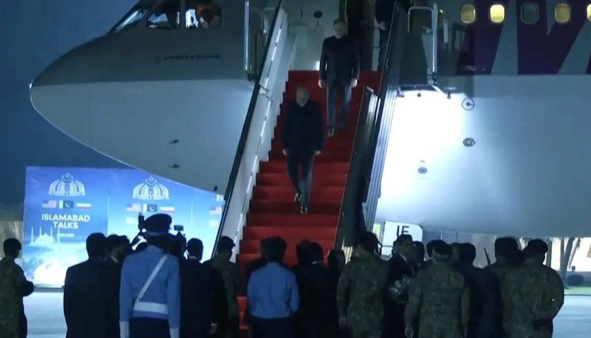 This screengrab of handout video released on April 11, 2026, by Pakistan’s Foreign Ministry shows the Iranian delegation walking down the stairs of their plane after arriving at Nur Khan Airbase in Islamabad. —AFP