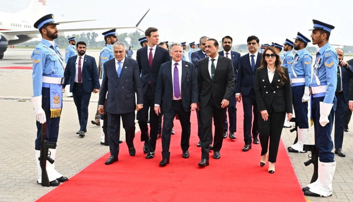 US Special Envoy Steve Witkoff and Jared Kushner walk with Chief of Defence Forces and Chief of Army Staff Field Marshal Asim Munir, and Deputy Prime Minister and Foreign Minister Mohammad Ishaq Dar after arriving for peace talks with Iranian officials in Islamabad, Saturday, April 11, 2026. —Reuters