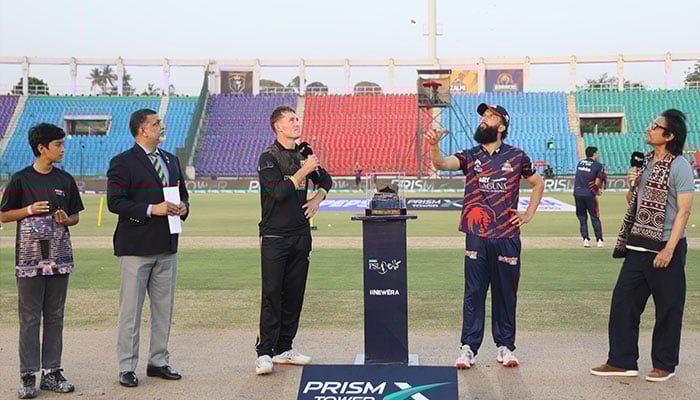 Hyderabad Kingsmen captain Marnus Labuschagne (centre) and Karachi Kings Moeen Ali (second from right) at the toss for their PSL 11 match at the National Bank Stadium in Karachi on April 11, 2026. — PSL