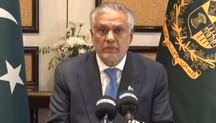Deputy Prime Minister and Foreign Minister Ishaq Dar addressing concluding media breifing after the US-Iran talks in Islamabad on April 12, 2026. — Screengrab via PTV News