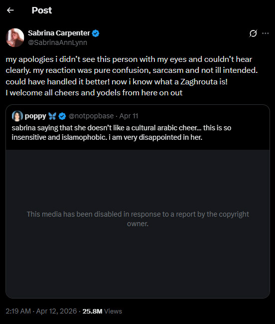 Sabrina Carpenter issues apology after severe backlash on ‘Yodeling’ comment