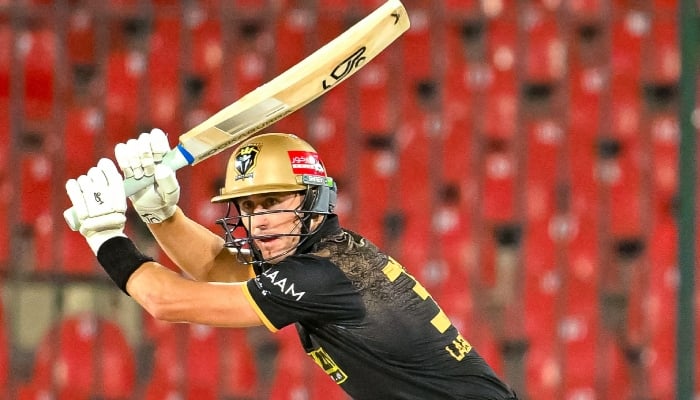 Hyderabad Kingsmen captain Marnus Labuschagne plays a shot during their PSL 11 match against Islamabad United at the National Bank Stadium, Karachi, April 12, 2026. — X/@HHKingsmen