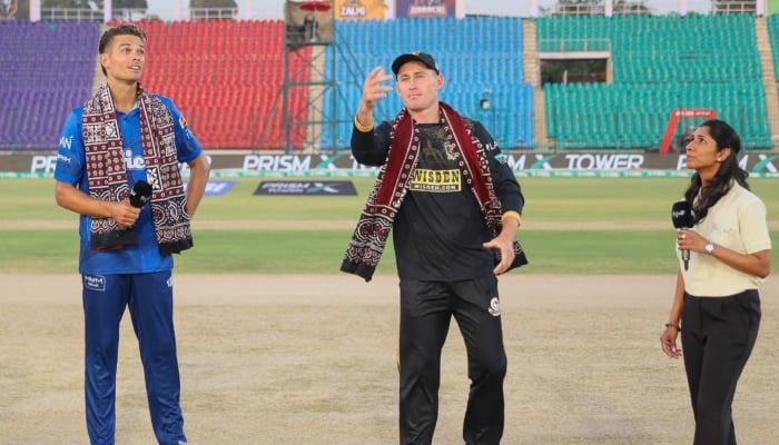 Islamabad United stand-in captain Chris Green (left) and Hyderabad Kingsmen captain Marnus Labuschagne at the toss for their PSL 11 match at the National Bank Stadium, Karachi, April 12, 2026. — PSL