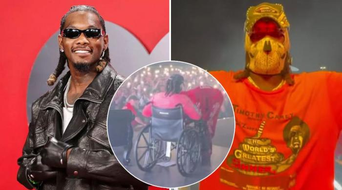 Offset returns to stage on a wheelchair one week after shooting