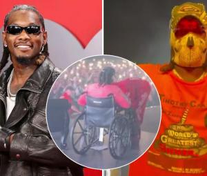 Offset returns to stage on a wheelchair one week after shooting