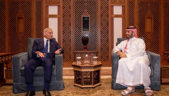 Prime Minister Shehbaz Sharif (left) and Crown Prince Mohammed bin Salman are seen in a meeting, in a photo released on March 12, 2026. — X@KSAmofaEN