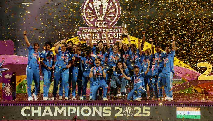 India’s womens cricket team players celebrate with the trophy after winning the ICC Womens World Cup 2025 final match against South Africa. — Reuters/File