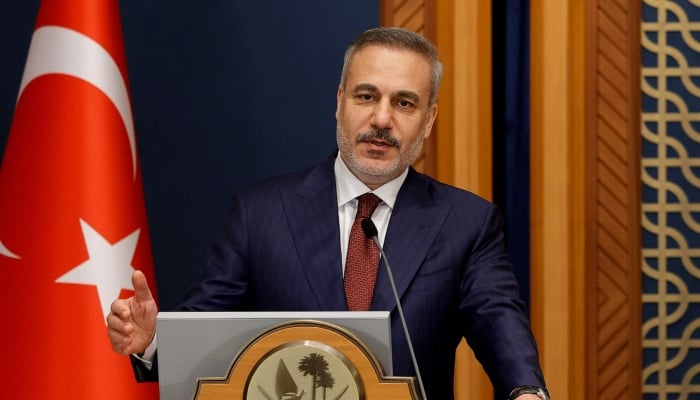 Turkish Foreign Minister Hakan Fidan speaks during a joint press conference with Qatar´s Prime Minister and Foreign Minister Sheikh Mohammed bin Abdulrahman Al Thani, in Doha, March 19, 2026. — AFP