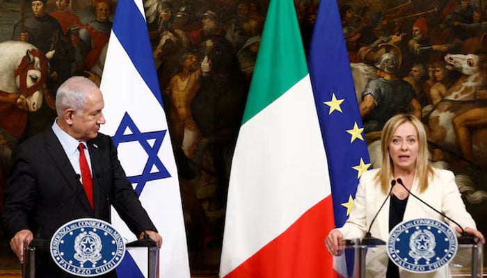 Italian Prime Minister Giorgia Meloni speaks during a news conference with Israeli Prime Minister Benjamin Netanyahu after their meeting at Palazzo Chigi, in Rome, Italy, March 10, 2023. — Reuters