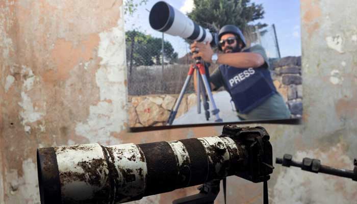 The camera that belonged to Reuters journalist Issam Abdallah who was killed on October 13 by what a Reuters investigation has found was an Israeli tank crew, is displayed during a press conference by Amnesty International and Human Rights Watch as they released findings from their investigations into the deadly October 13 strikes by Israel on southern Lebanon, in Beirut, Lebanon, December 7, 2023. — Reuters
