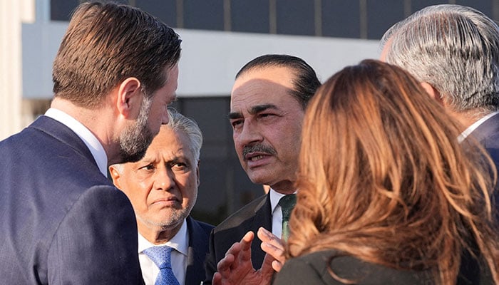 Vice President JD Vance, left, talks to Pakistans Chief of Defence Forces and Chief of Army Staff Field Marshall Asim Munir, right, and Pakistani Deputy Prime Minister and Foreign Minister Mohammad Ishaq Dar, center, before boarding Air Force Two after attending talks on Iran in Islamabad, Pakistan, Sunday, April 12, 2026. — Reuters