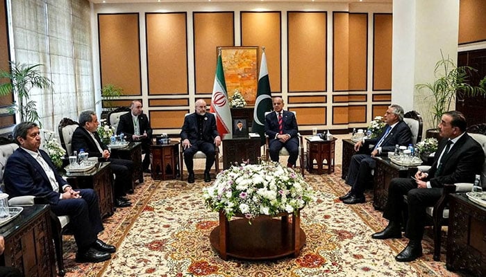 Prime Minister Shehbaz Sharif meets with Iranian Parliament Speaker Mohammad Bagher Ghalibaf, as delegations from the United States and Iran are expected to hold peace talks, in Islamabad, April 11, 2026. — Reuters