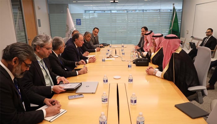 Finance Minister Muhammad Aurangzeb holds meeting with Saudi Arabia Finance Minister Mohammed Al-Jadaan in Washington, US, April 15, 2026. — X/@Financegovpk