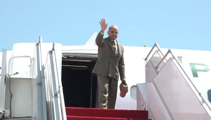 Prime Minister Shehbaz Sharif waves as he leaves for Saudi Arabia at an airport in Islamabad on April 15, 2026. — Screengrab via X@GovtofPakistan