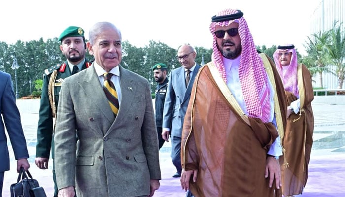 Makkah Region Deputy Governor Prince Saud bin Mashaal bin Abdulaziz (right) welcomes Prime Minister Shehbaz Sharif at King Abdulaziz International Airport in Jeddah on April 15, 2026. — PMO