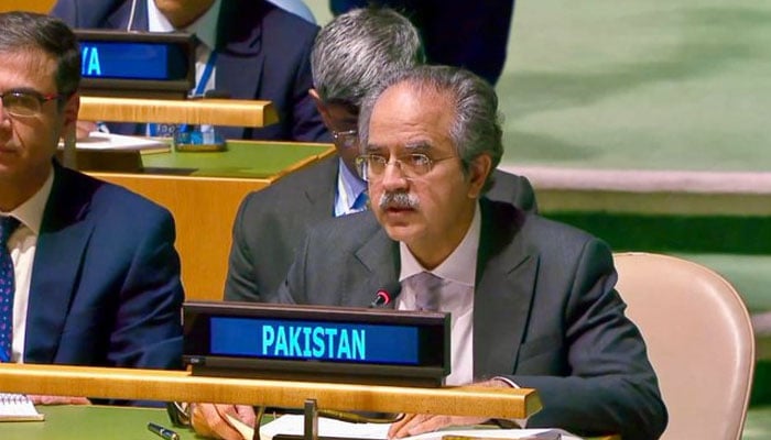 Pakistans Permanent Representative to the UN, Ambassador Asim Iftikhar Ahmad, addresses the 3rd Intergovernmental Negotiations (IGN) Meeting on the Cluster of Question of Veto. — X/@PakistanUN_NY