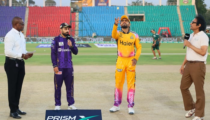 Peshawar Zalmi captain Babar Azam (second from right) flips the coin as Quetta Gladiators skipper Saud Shakeel (second from left) makes the call at the toss for their PSL 11 match at the National Bank Stadium in Karachi on April 15, 2026. — PSL