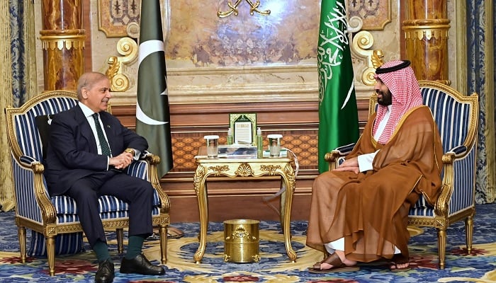 Prime Minister Shehbaz Sharif (left) exchanges views with Saudi Crown Prince Mohammed bin Salman during a key meeting in Jeddah on April 15, 2026. —X@PakPMO