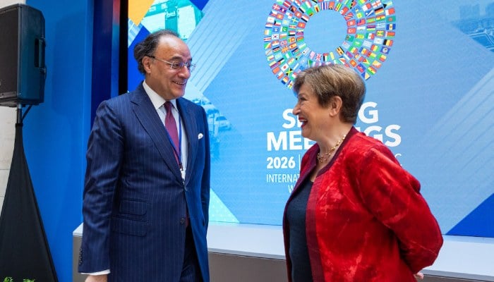 International Monetary Fund chief Kristalina Georgieva (right) meets Finance Minister Muhammad Aurangzeb in Washington, DC, US on April 15, 2026. — X@Financegovpk