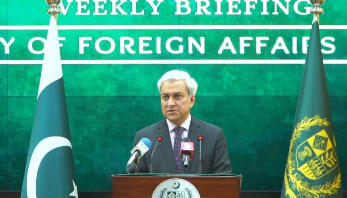 Foreign Office spokesperson Tahir Hussain Andarabi speaks during a weekly press briefing at Ministry of Foreign Affaris, Islamabad, April 16, 2026. — Screengrab via YouTube/Geo News