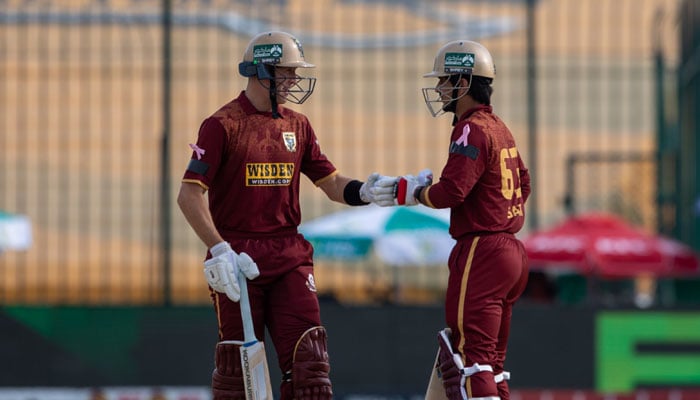 Hyderabad Kingsmen batters exchange fist bumps during their Pakistan Super League (PSL) 11 match against RawalPindiz at the National Bank Stadium in Karachi on April 16, 2026. — PSL