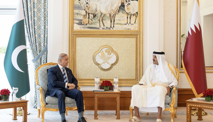 Prime Minister Shehbaz Sharif (left) meets Qatar’s Emir Tamim bin Hamad bin Khalifa Al Thani on April 16. —X/@GovtofPakistan