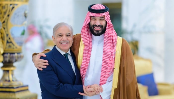 Prime Minister Shehbaz Sharif (left) and Crown Prince Mohammed bin Salman during the formers visit to Saudi Arabia, April 15, 2026. — X@PakPMO