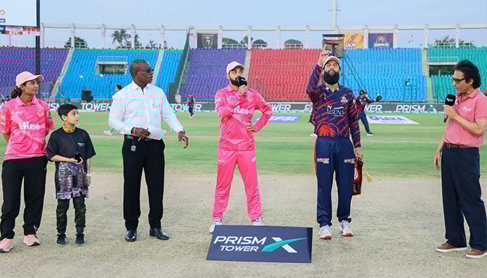 Islamabad United skipper Shadab Khan (centre) and Karachi Kings Moeen Ali (second from right) at the toss for the PSL 11 match at National Bank Stadium, Karachi, on April 16, 2026. — PSL