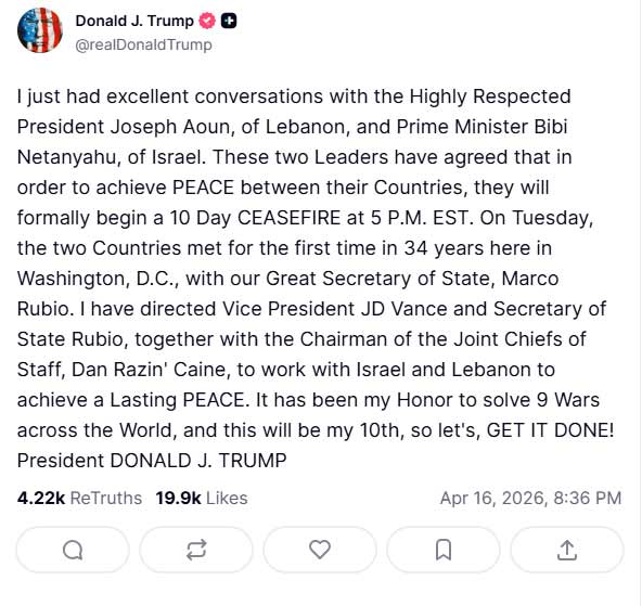 Israel and Lebanon agree to 10-day ceasefire, says Trump