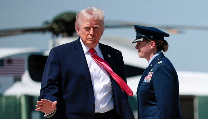 US President Donald Trump gestures as he walks to board Air Force One for his trip to Las Vegas, Nevada, as he departs Joint Base Andrews, Maryland, US, on the day he announced that Israeli and Lebanese leaders had agreed to begin a 10-day ceasefire, April 16, 2026. — Reuters
