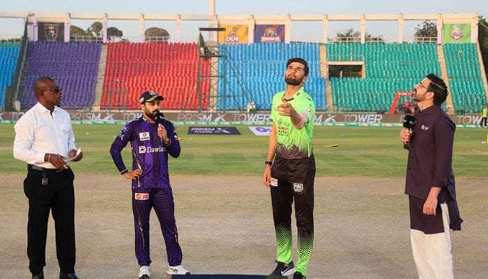 Quetta Gladiators captain Saud Shakeel (left) and Lahore Qalandars Shaheen Shah Afridi at the toss for their PSL 11 match at the National Bank Stadium in Karachi on April 17, 2026. — X/@thePSLt20