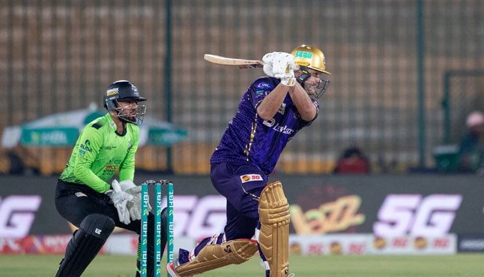 Quetta Gladiators Rilee Rossouw in action during the PSL 11 match against Lahore Qalandars at the National Bank Stadium in Karachi on April 17, 2026. — X/@thePSLt20