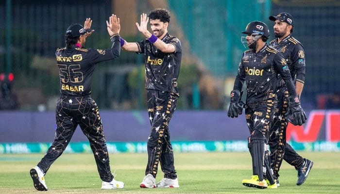 Peshawar Zalmis Sufiyan Muqeem (second from left) celebrates taking a wicket with teammates during their PSL 11 match against Multan Sultans at the National Bank Stadium in Karachi on April 13, 2026. — PCB