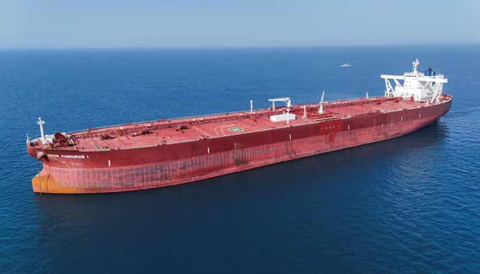 A drone view shows the Malta-flagged tanker Agios Fanourios I, an oil tanker that sailed through the Strait of Hormuz, arriving in Iraq’s territorial waters off Basra, Iraq, April 17, 2026.