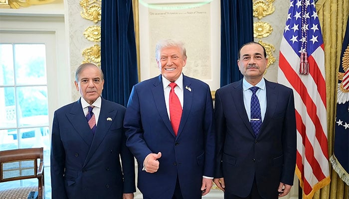Prime Minister Shehbaz Sharif (left), Chief of Defence Forces and Chief of Army Staff Field Marshal Asim Munir (right) and US President Donald Trump hold a bilateral meeting in the Oval Office of the White House in Washington, DC, on September 25, 2025. — X/@GovtofPakistan