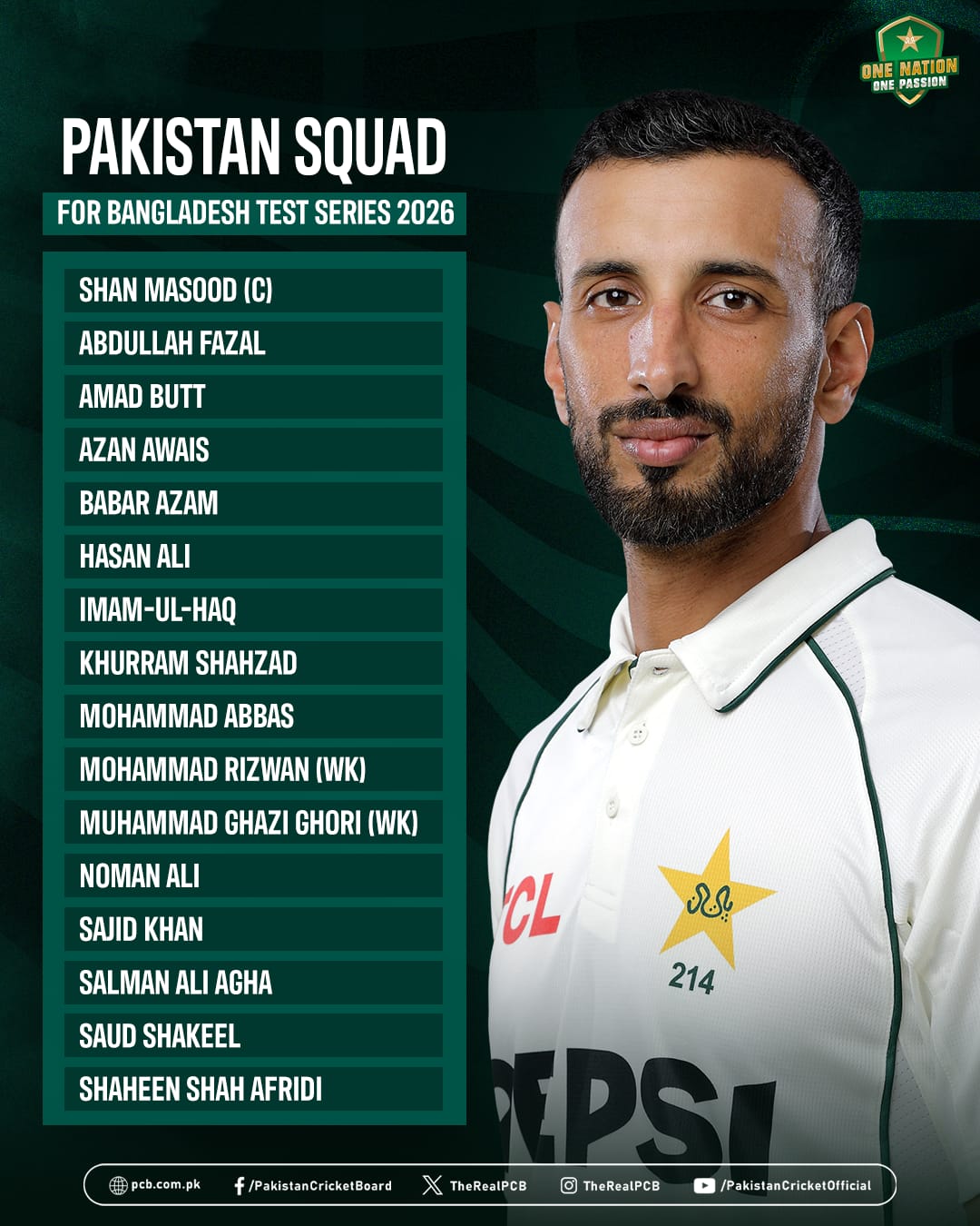 Pakistan unveil 16-member squad for Test series against Bangladesh