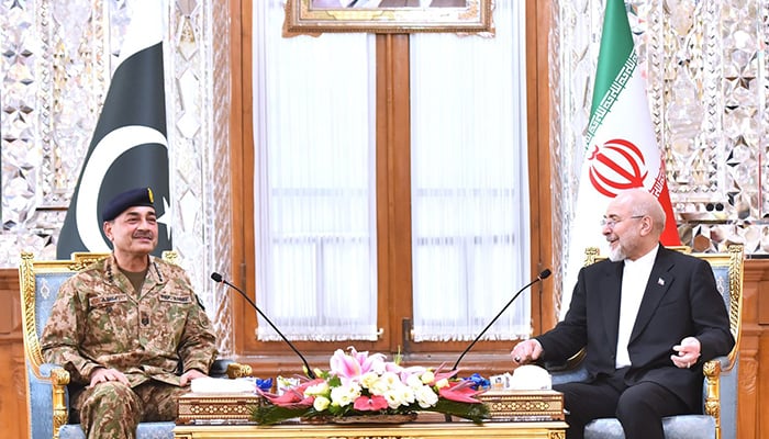 Chief of Defence Forces and Chief of Army Staff Field Marshal Asim Munir meets Irans Parliament Speaker Mohammad Bagher Ghalibaf in Tehran, during his three-day visit to Iran, April 18, 2026. — ISPR